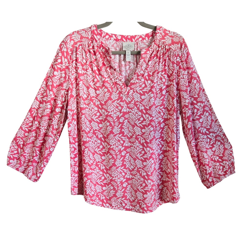 St Johns Bay Womens M Boho Cottage Pink White Floral Rayon Split V-Neck Blouse